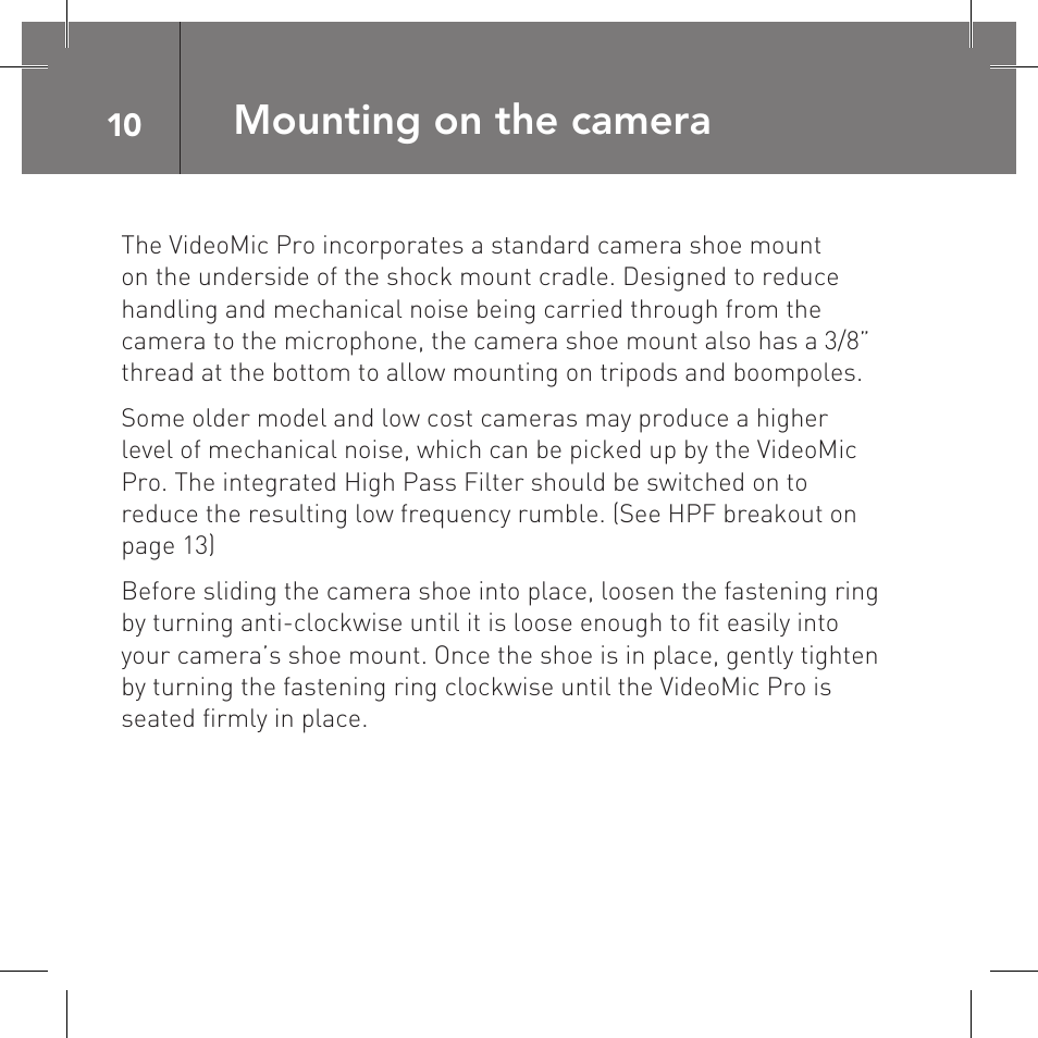Mounting on the camera | RODE Microphones VideoMic Pro User Manual | Page 10 / 27