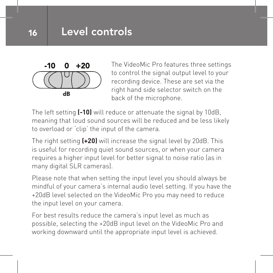 Level controls | RODE Microphones VideoMic Pro User Manual | Page 16 / 27