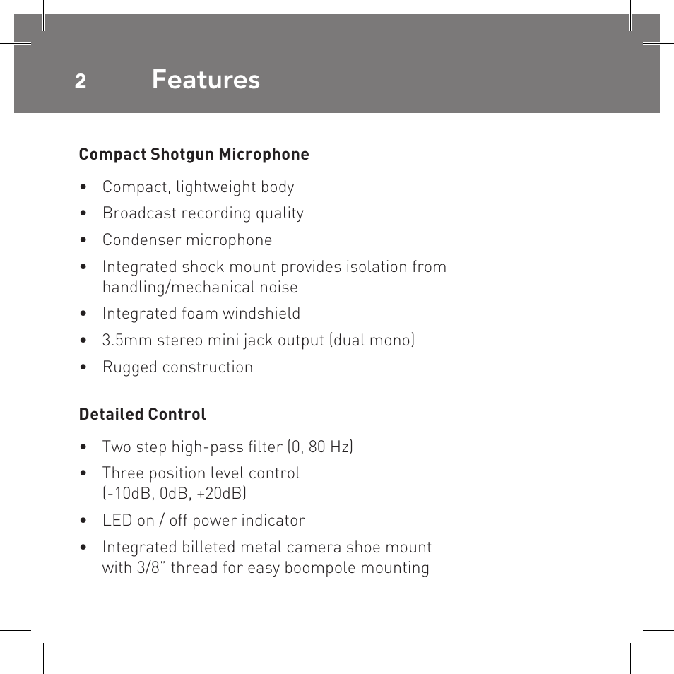 Features | RODE Microphones VideoMic Pro User Manual | Page 2 / 27