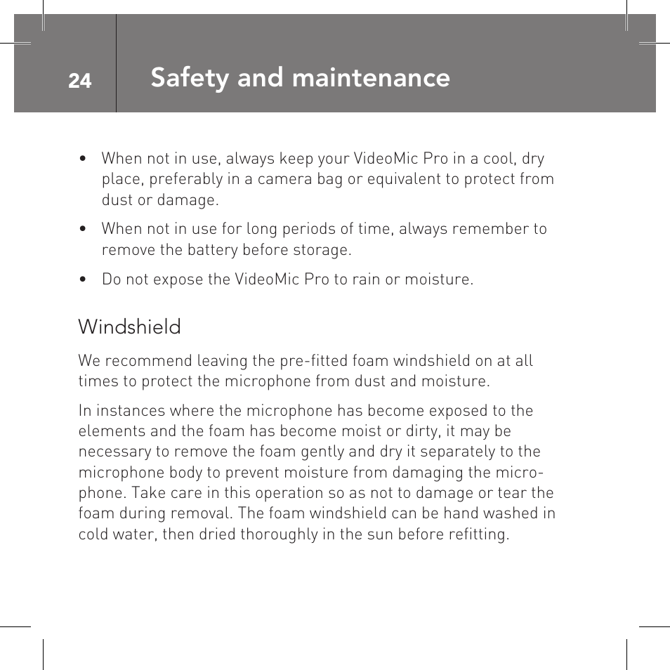 Safety and maintenance | RODE Microphones VideoMic Pro User Manual | Page 24 / 27