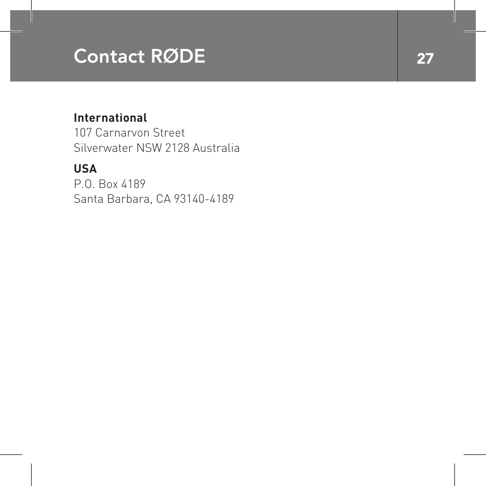 Contact røde | RODE Microphones VideoMic Pro User Manual | Page 27 / 27