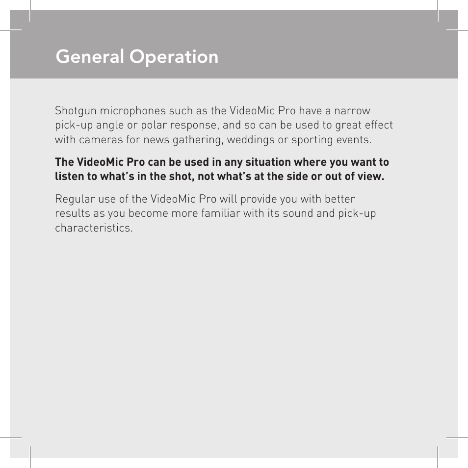 General operation | RODE Microphones VideoMic Pro User Manual | Page 4 / 27