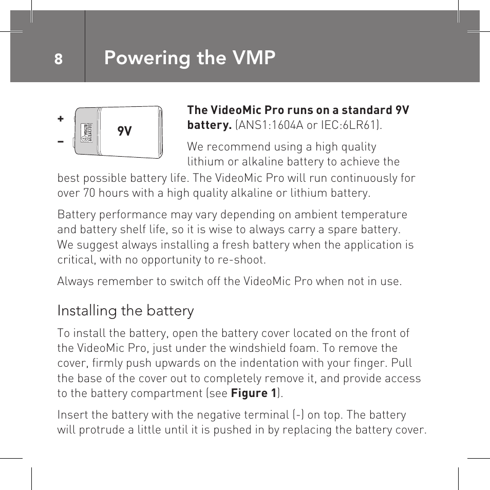 Powering the vmp | RODE Microphones VideoMic Pro User Manual | Page 8 / 27