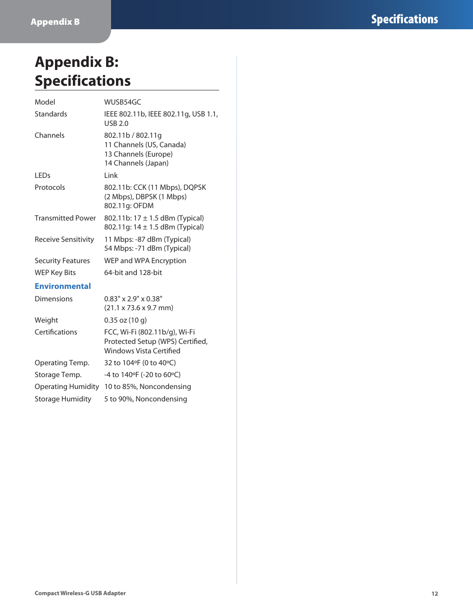 Appendix b: specifications, Specifications | Cisco WUSB54GC User Manual | Page 13 / 33