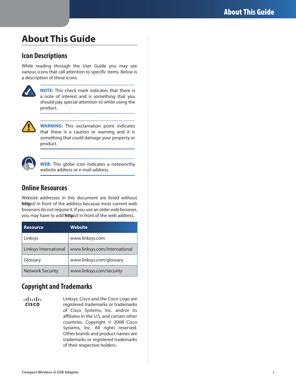 About this guide, Icon descriptions, Online resources | Copyright and trademarks | Cisco WUSB54GC User Manual | Page 2 / 33