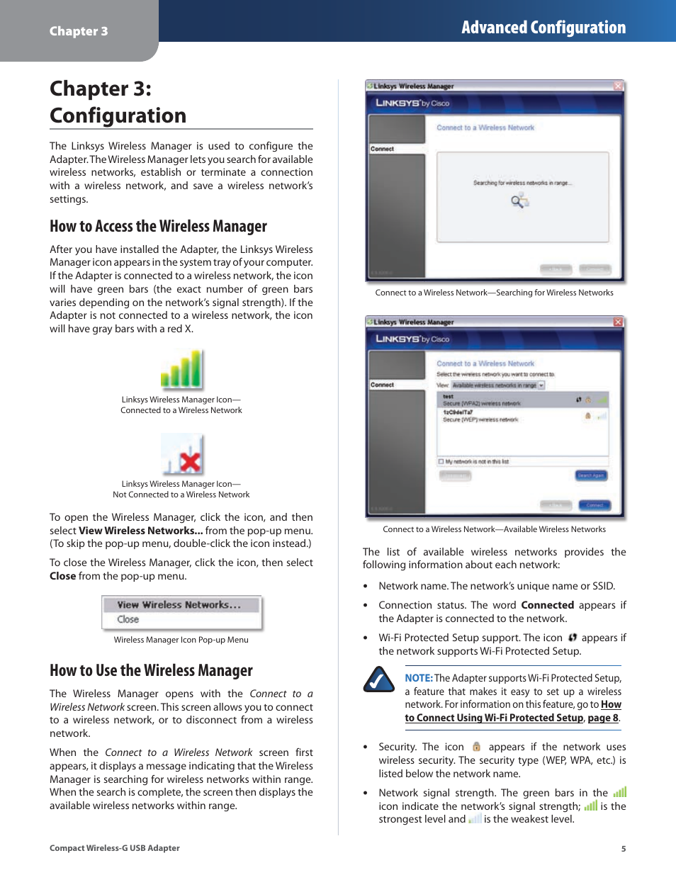 Chapter 3: configuration, How to access the wireless manager, How to use the wireless manager | Advanced configuration | Cisco WUSB54GC User Manual | Page 6 / 33