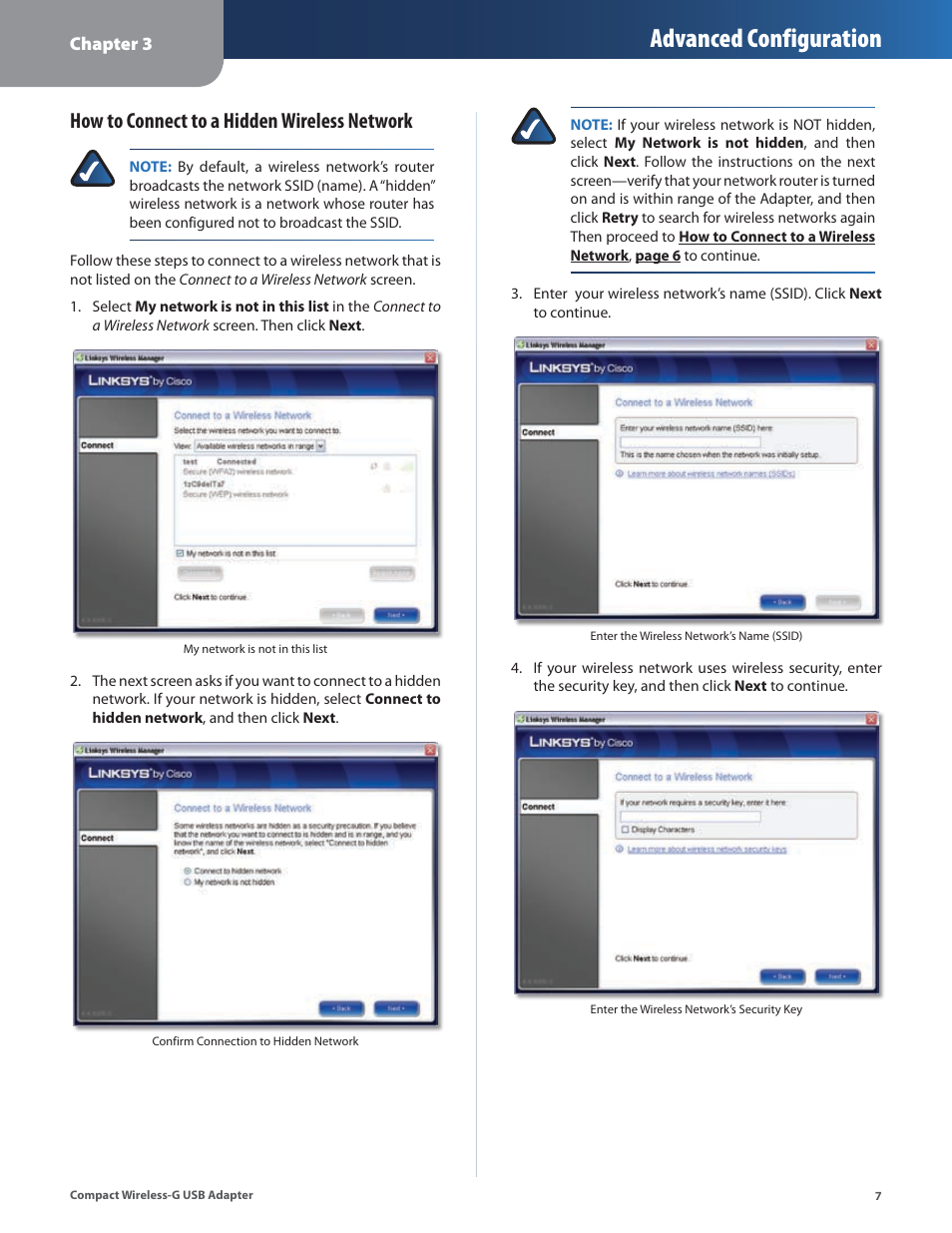 Advanced configuration, How to connect to a hidden wireless network | Cisco WUSB54GC User Manual | Page 8 / 33
