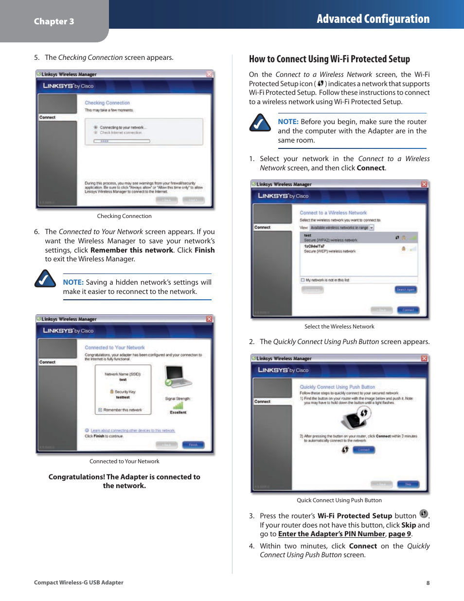 Advanced configuration, How to connect using wi-fi protected setup | Cisco WUSB54GC User Manual | Page 9 / 33