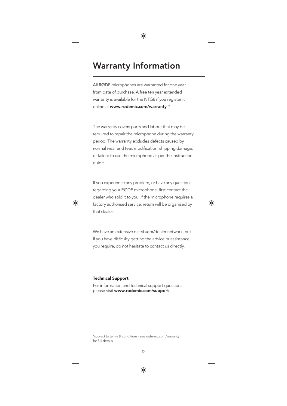 Warranty information | RODE Microphones NTG8 User Manual | Page 12 / 12