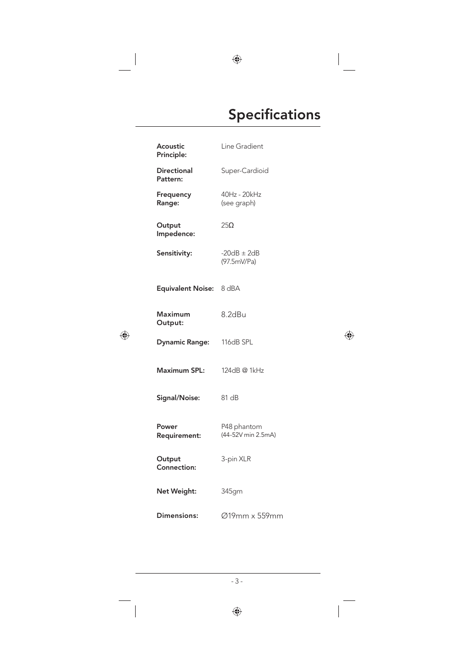 Specifi cations | RODE Microphones NTG8 User Manual | Page 3 / 12