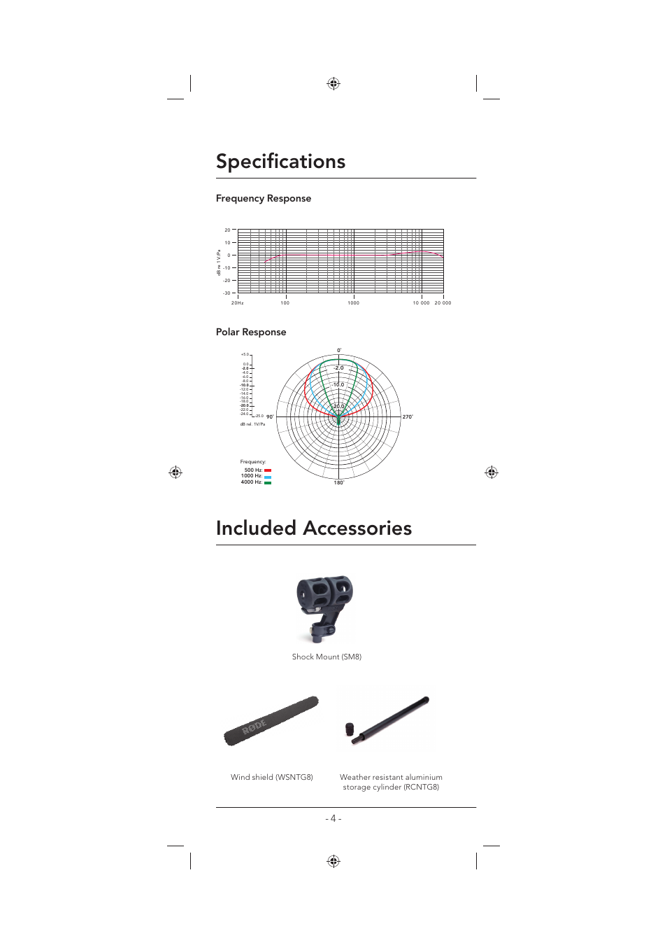 Specifi cations, Included accessories, Frequency response polar response | RODE Microphones NTG8 User Manual | Page 4 / 12