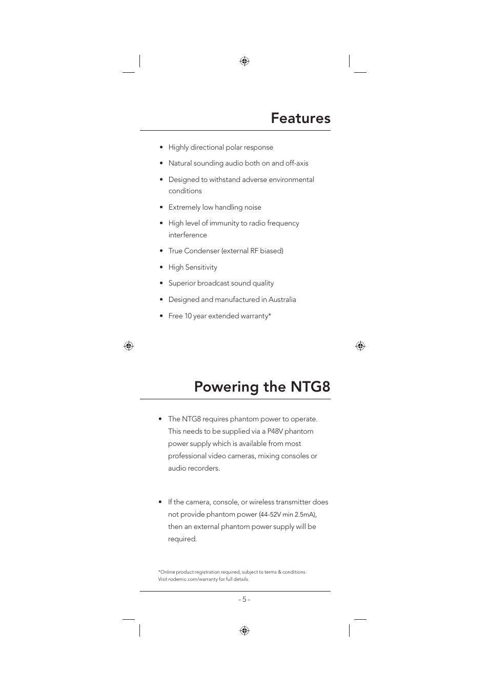 Features, Powering the ntg8 | RODE Microphones NTG8 User Manual | Page 5 / 12