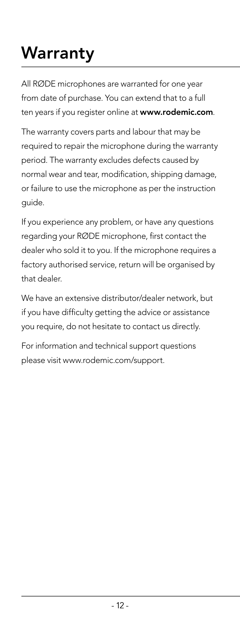 Warranty | RODE Microphones NT6 User Manual | Page 12 / 12