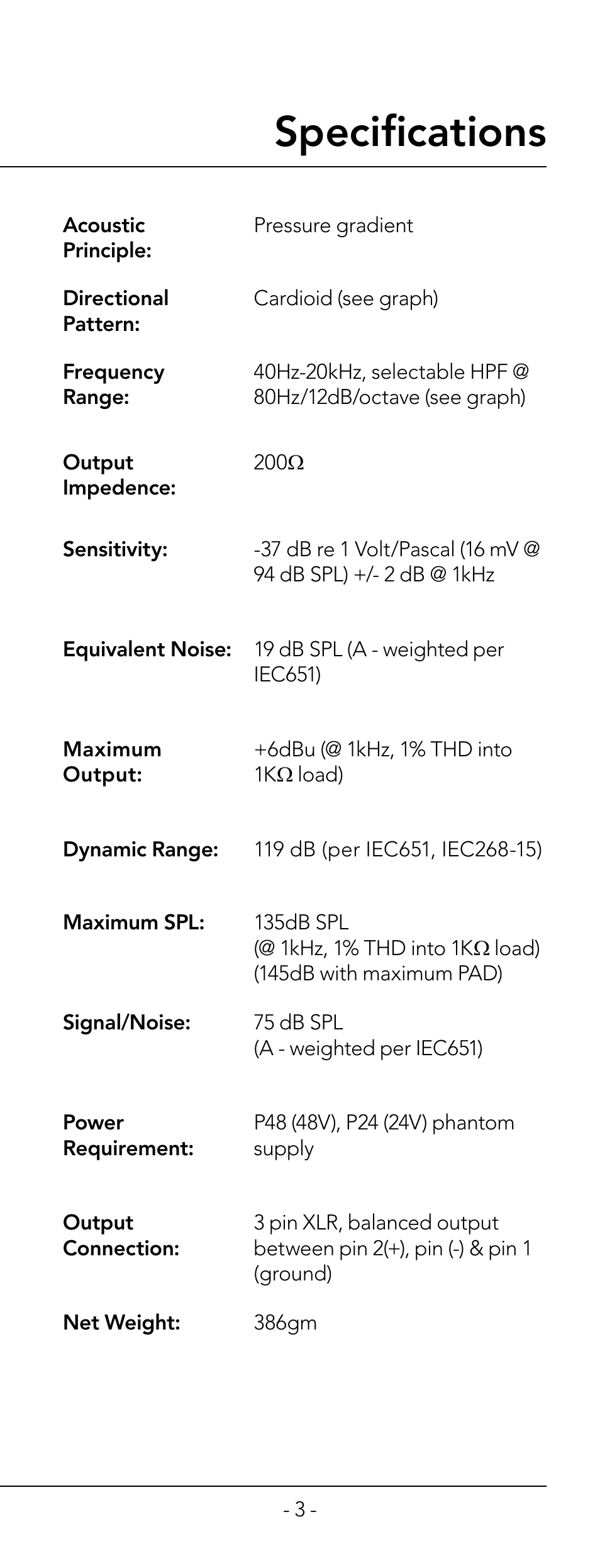 Specifi cations | RODE Microphones NT6 User Manual | Page 3 / 12