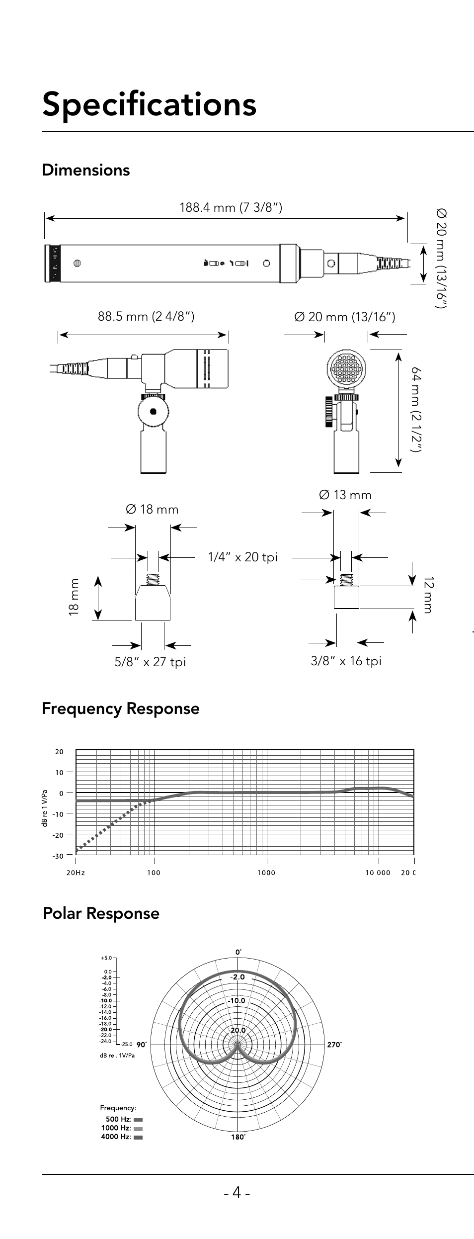 Specifi cations, Frequency response dimensions polar response | RODE Microphones NT6 User Manual | Page 4 / 12