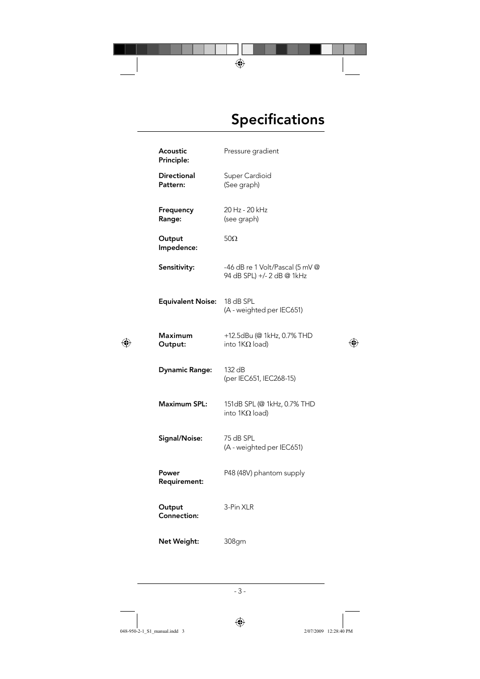 Specifi cations | RODE Microphones S1 User Manual | Page 3 / 8
