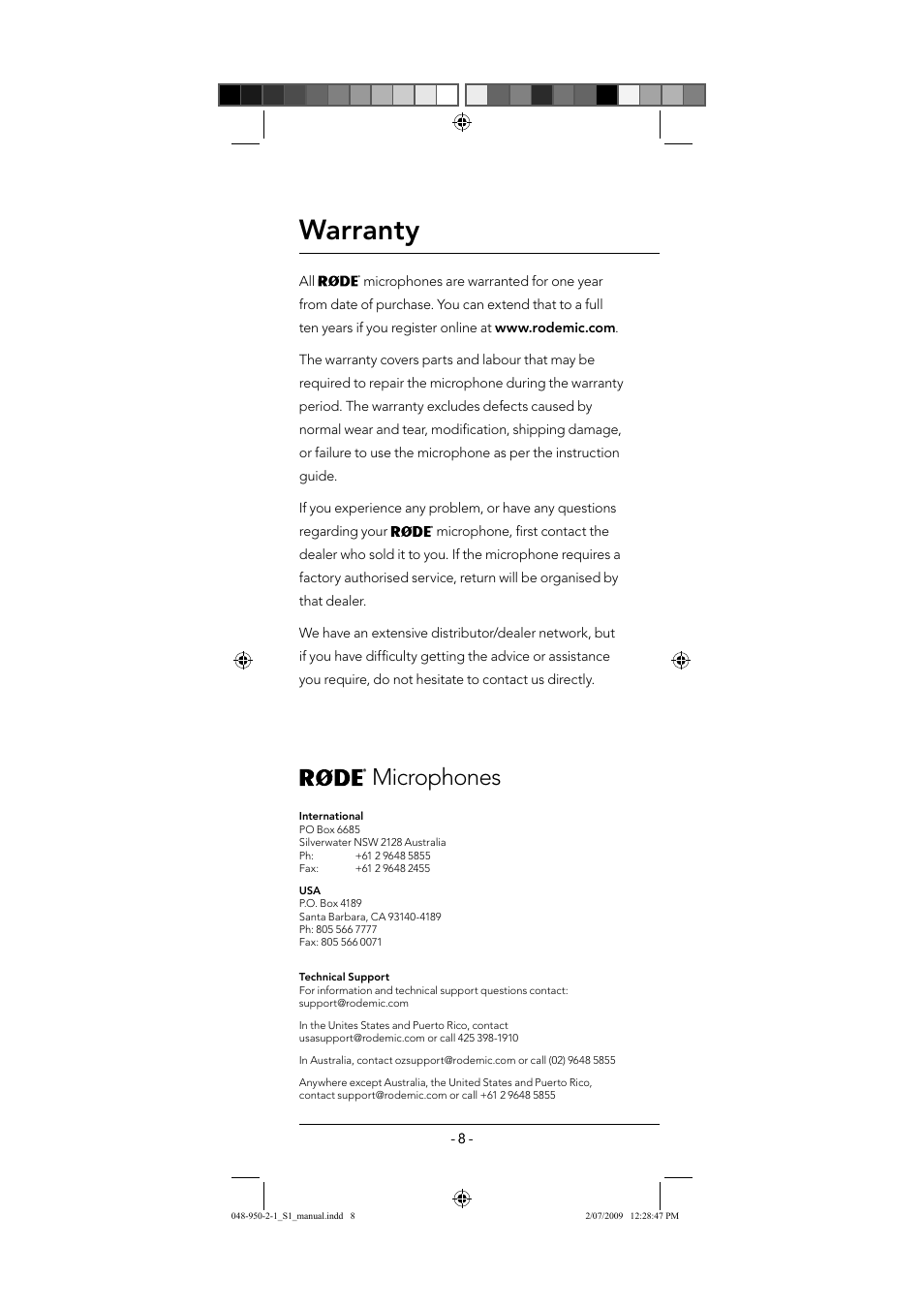 Warranty, Microphones | RODE Microphones S1 User Manual | Page 8 / 8