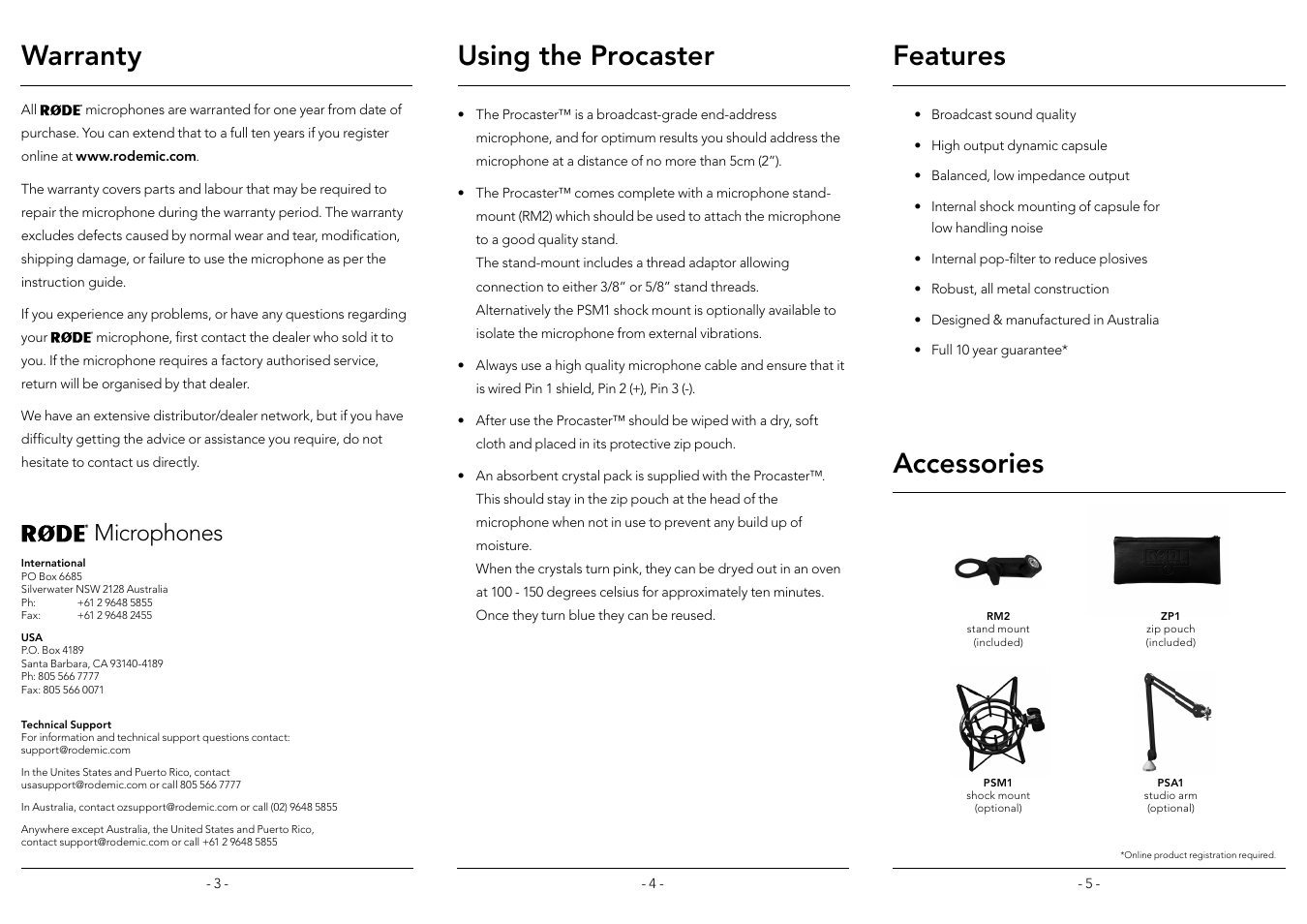Using the procaster, Warranty, Features accessories | Microphones | RODE Microphones Procaster User Manual | Page 2 / 2