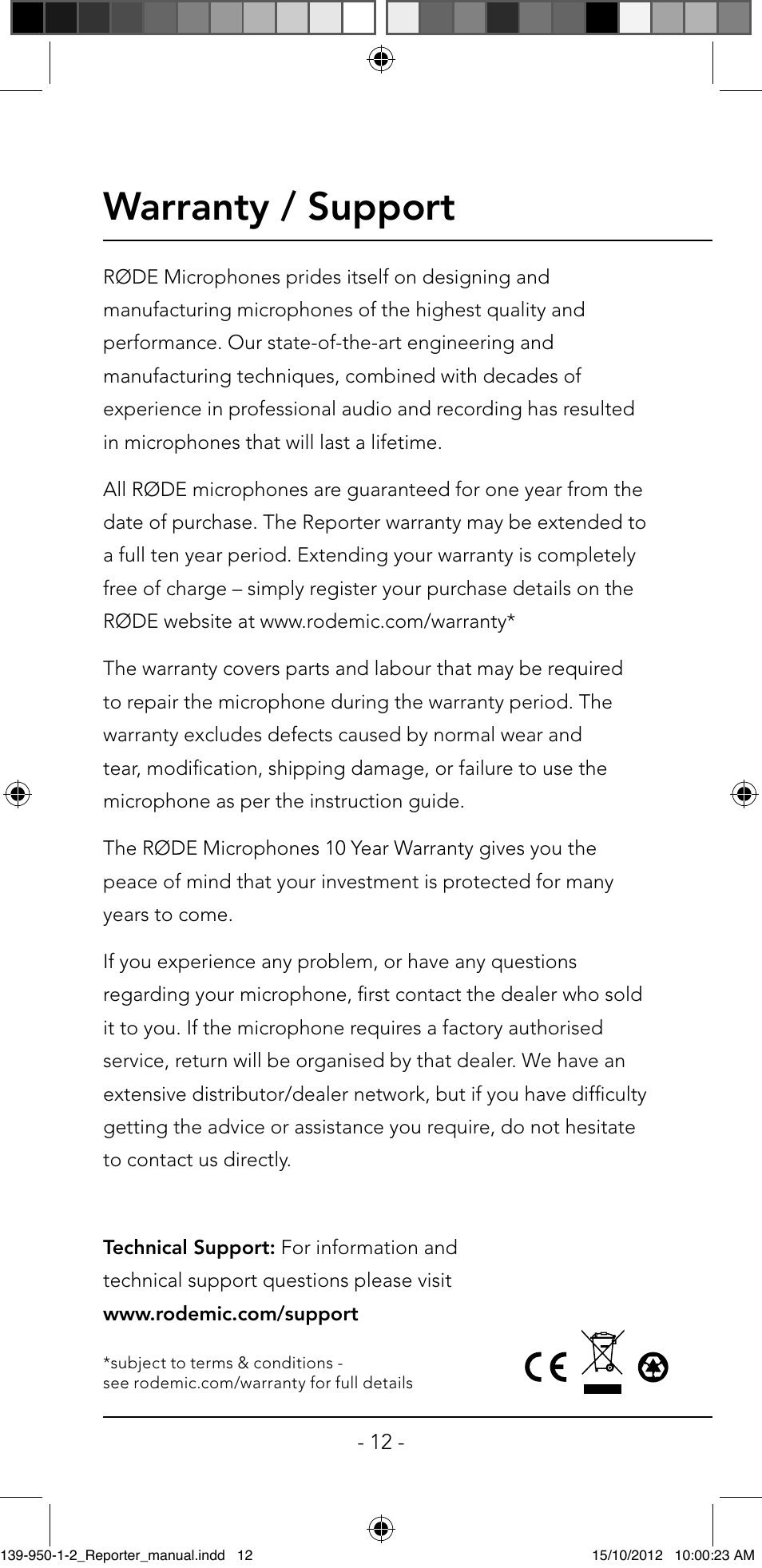 Warranty / support | RODE Microphones Reporter User Manual | Page 12 / 12