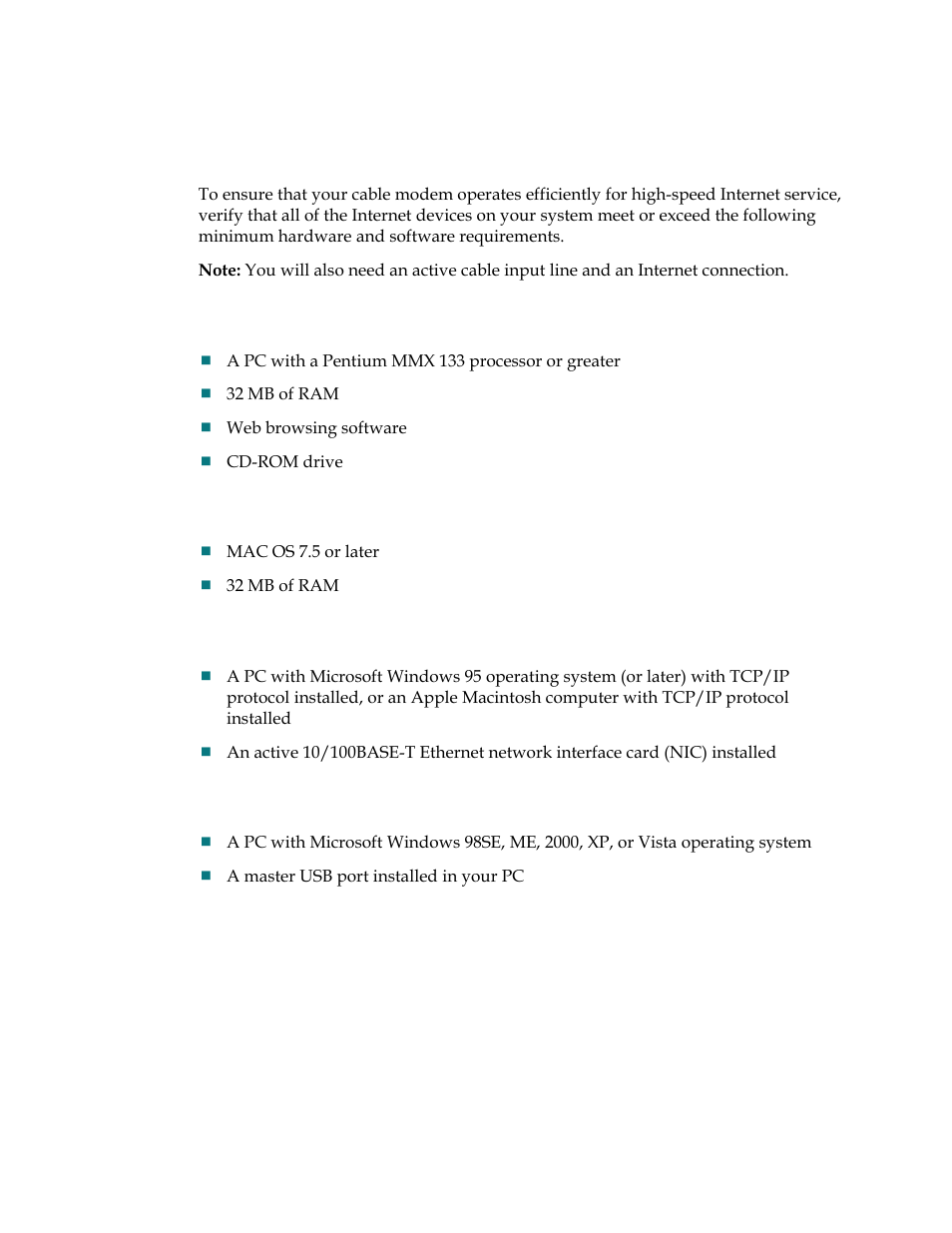 Minimum system requirements for a pc, Minimum system requirements for macintosh, System requirements for an ethernet connection | System requirements for a usb connection | Cisco DPQ2202 User Manual | Page 14 / 38