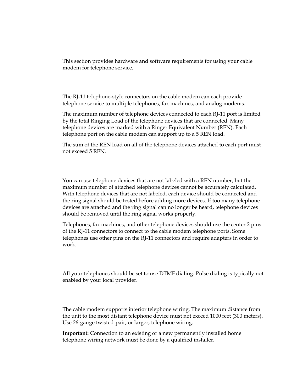 What are the requirements for telephone service, Number of telephone devices, Telephone device types | Dialing requirements, Telephone wiring requirements | Cisco DPQ2202 User Manual | Page 20 / 38