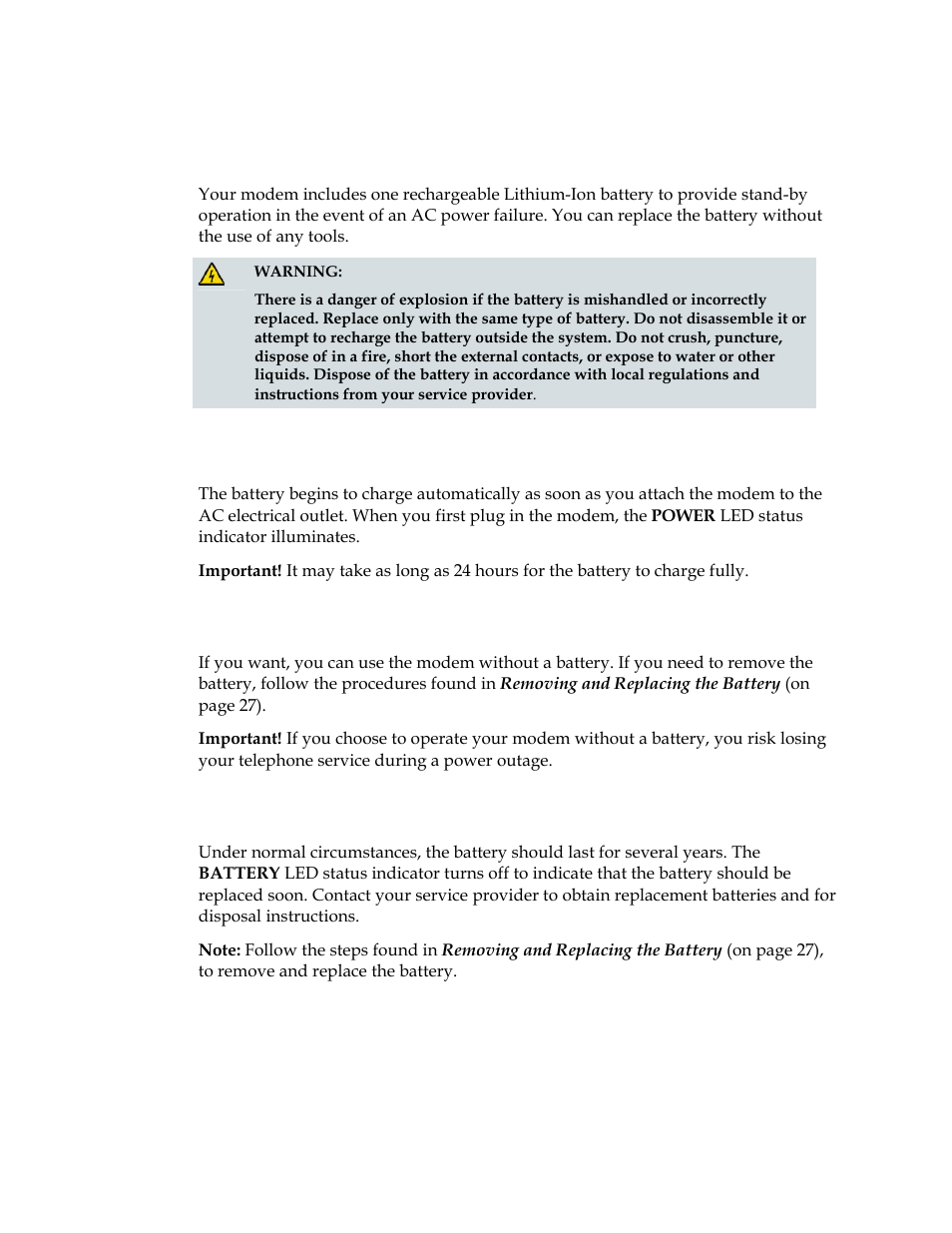 Charging the battery, Using the modem without a battery, Replacing the battery | Cisco DPQ2202 User Manual | Page 26 / 38