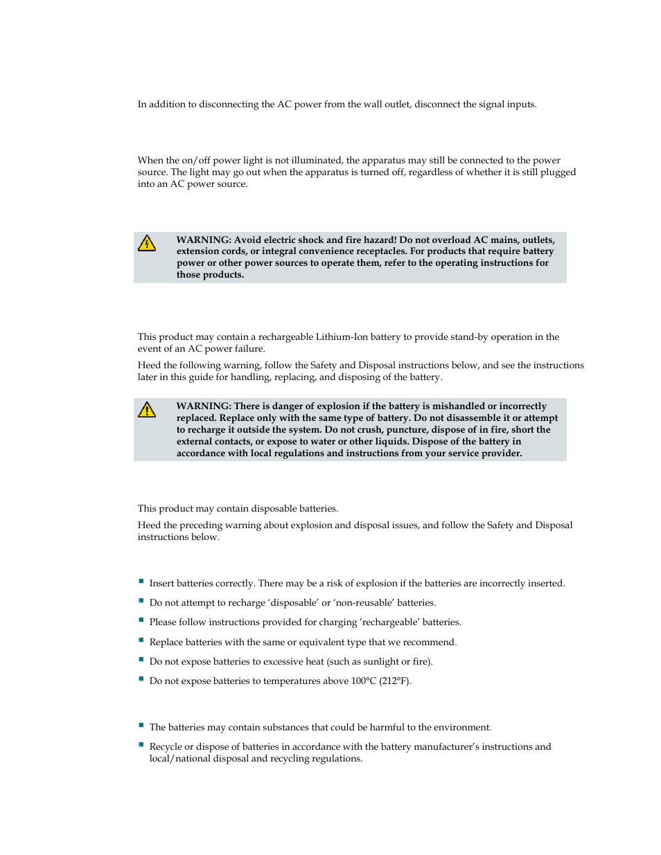 Protect the product from lightning, Eliminate ac mains overloads, Handling optional, rechargeable battery | Handling disposable batteries, Safety, Disposal | Cisco DPQ2202 User Manual | Page 5 / 38