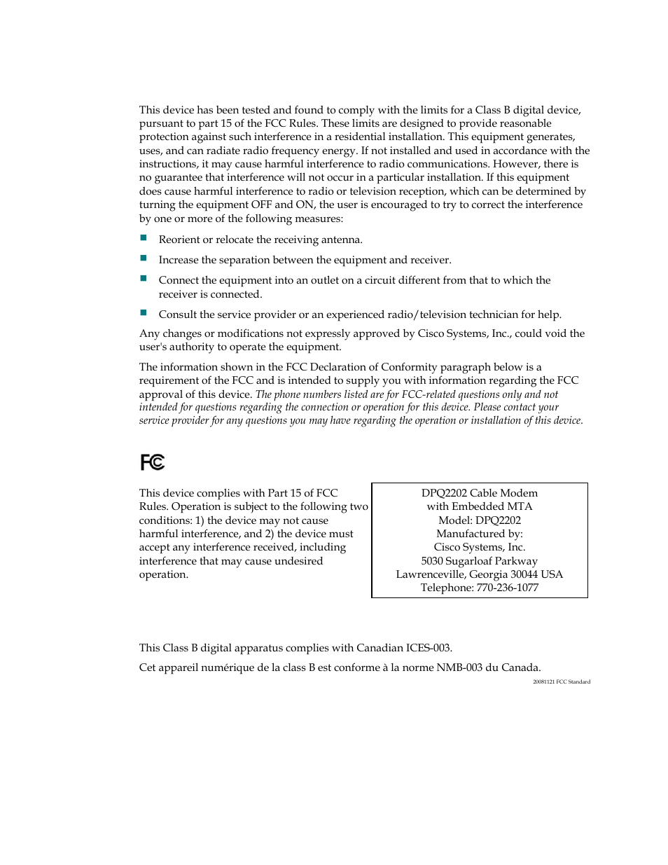 United states fcc compliance, Declaration of conformity, Canada emi regulation | Cisco DPQ2202 User Manual | Page 7 / 38