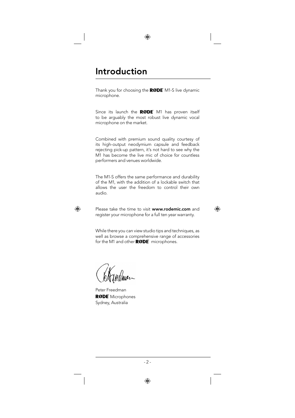 Introduction | RODE Microphones M1-S User Manual | Page 2 / 8