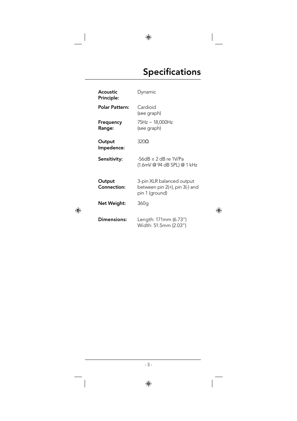 Specifi cations | RODE Microphones M1-S User Manual | Page 3 / 8