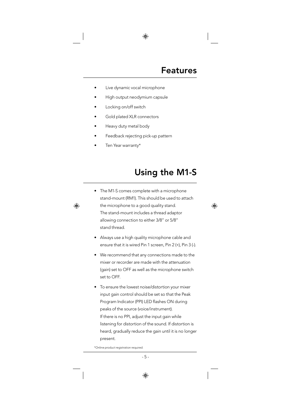 Features, Using the m1-s | RODE Microphones M1-S User Manual | Page 5 / 8