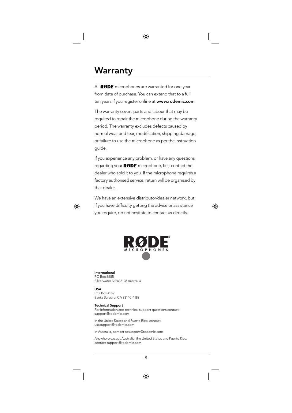 Warranty | RODE Microphones M1-S User Manual | Page 8 / 8