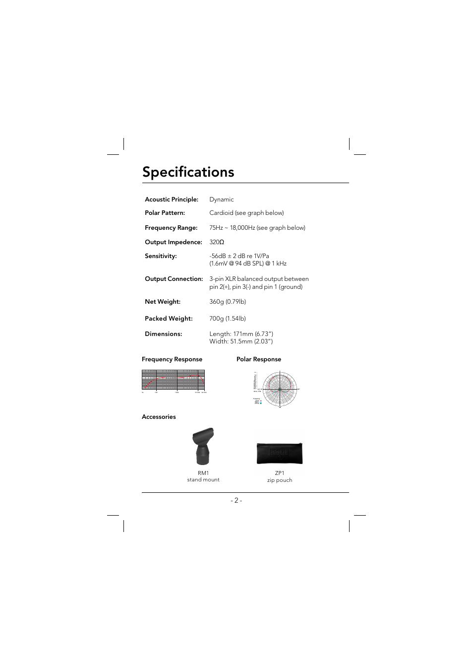 Specifi cations | RODE Microphones M1 User Manual | Page 2 / 4