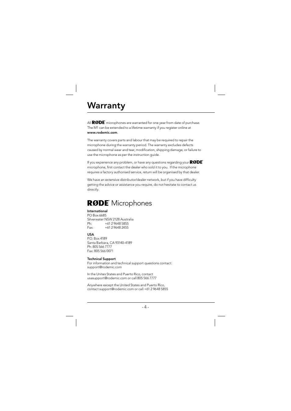 Warranty, Microphones | RODE Microphones M1 User Manual | Page 4 / 4
