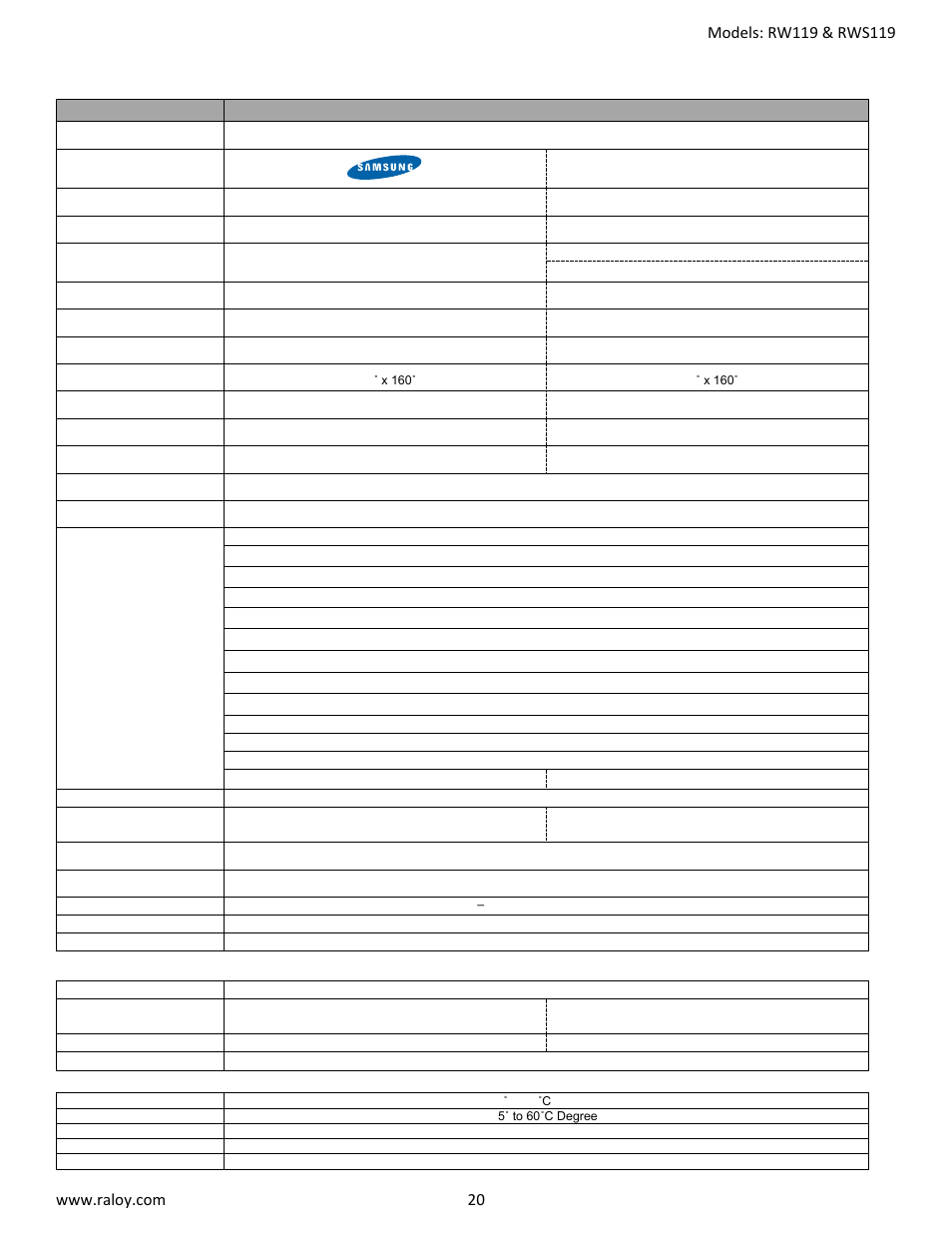 1 specifications, Options, Environmental | Raloy RW119 User Manual | Page 20 / 29