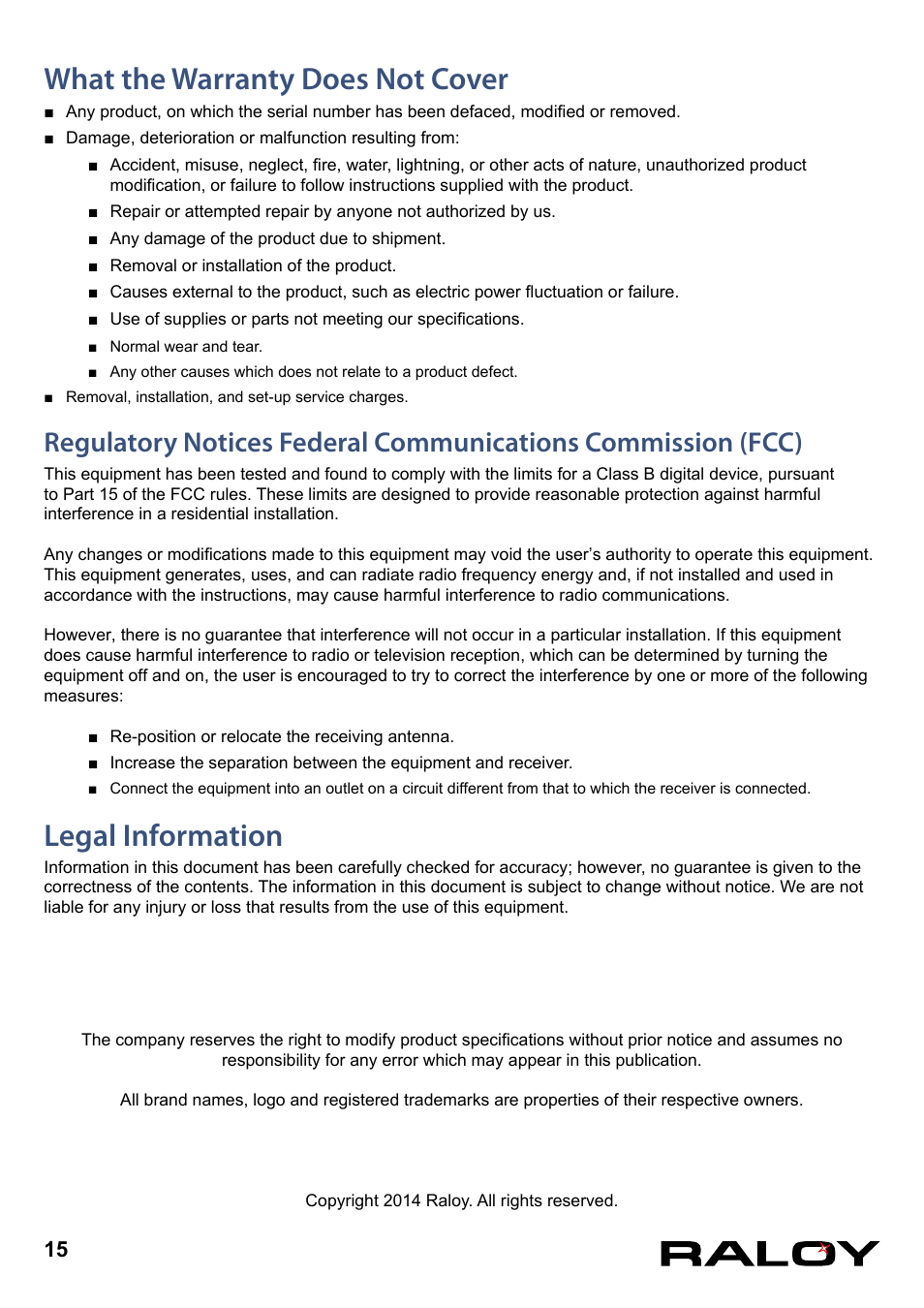 What the warranty does not cover, Legal information | Raloy RD119 User Manual | Page 18 / 18