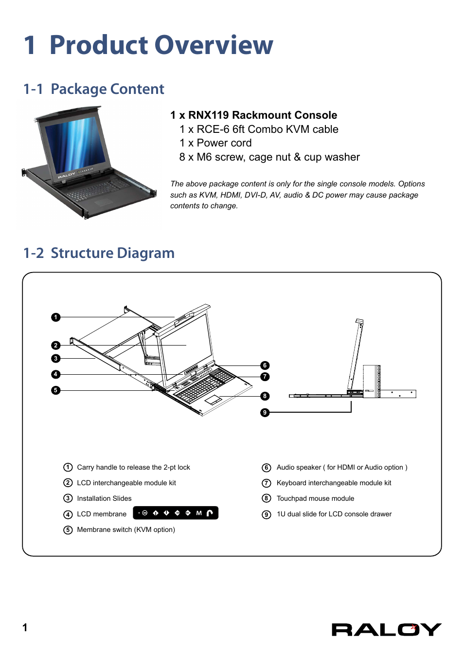 1 product overview, 1 package content, 2 structure diagram | 1 package content 1-2 structure diagram | Raloy RD119 User Manual | Page 4 / 18