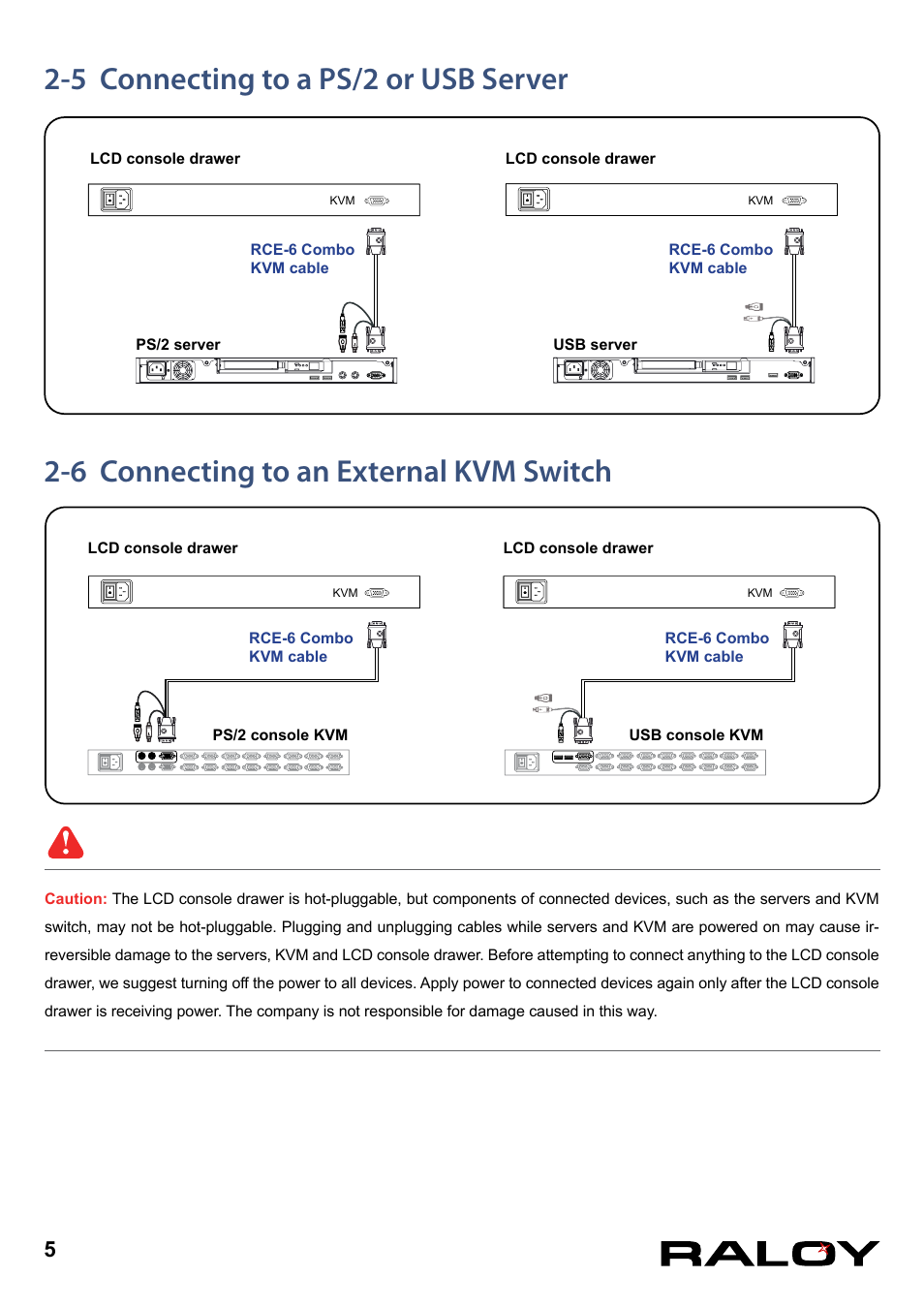 5 connecting to a ps/2 or usb server, 6 connecting to an external kvm switch | Raloy RD119 User Manual | Page 8 / 18