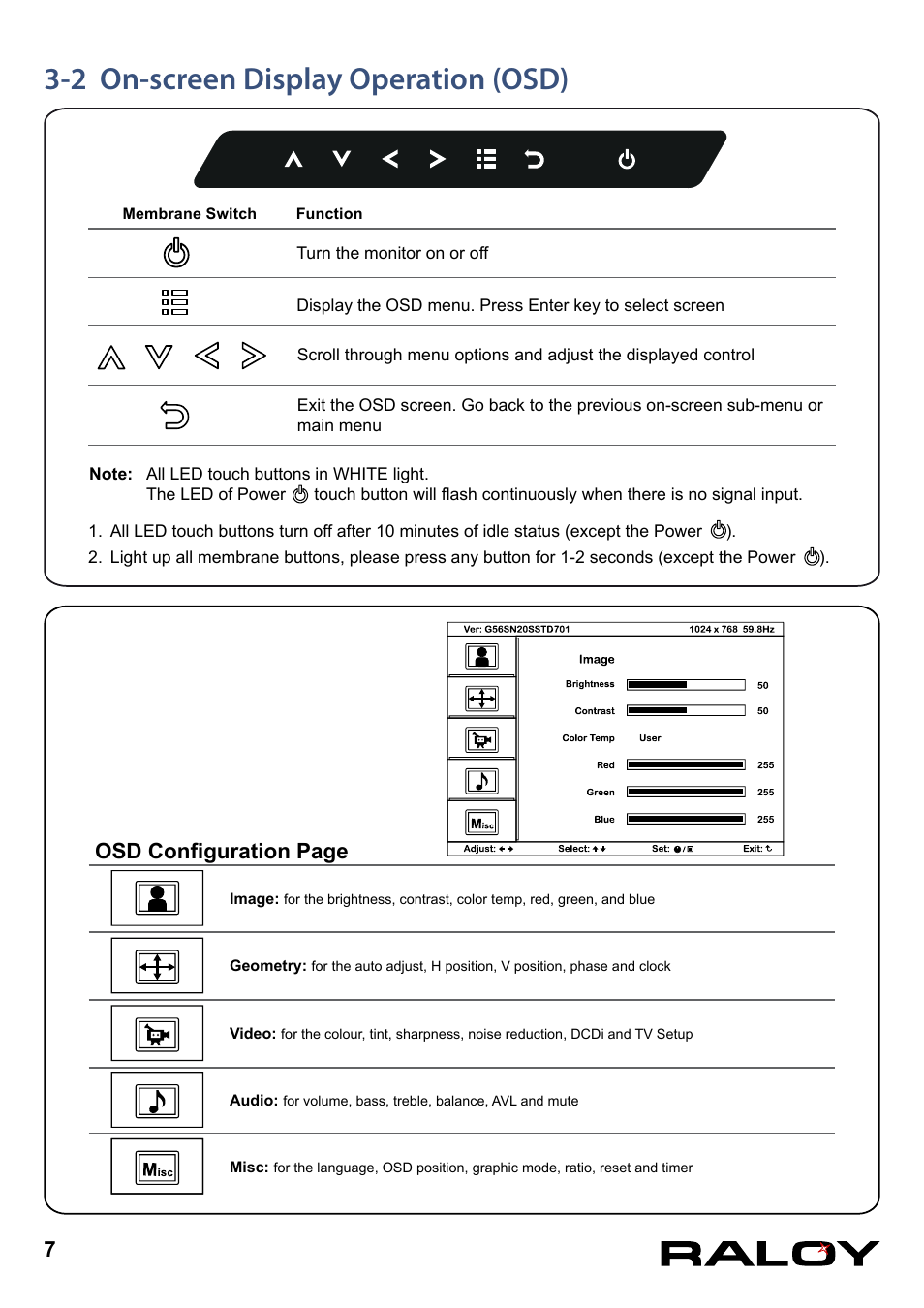 2 on-screen display operation (osd), Osd configuration page | Raloy RNX119 User Manual | Page 10 / 17