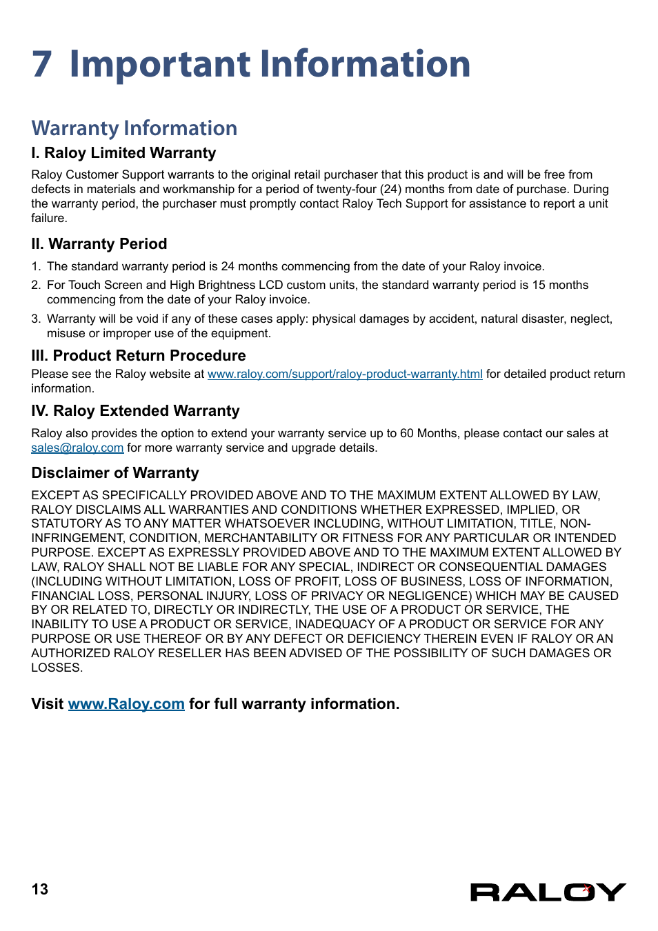 7 important information, Warranty information | Raloy RNX119 User Manual | Page 16 / 17