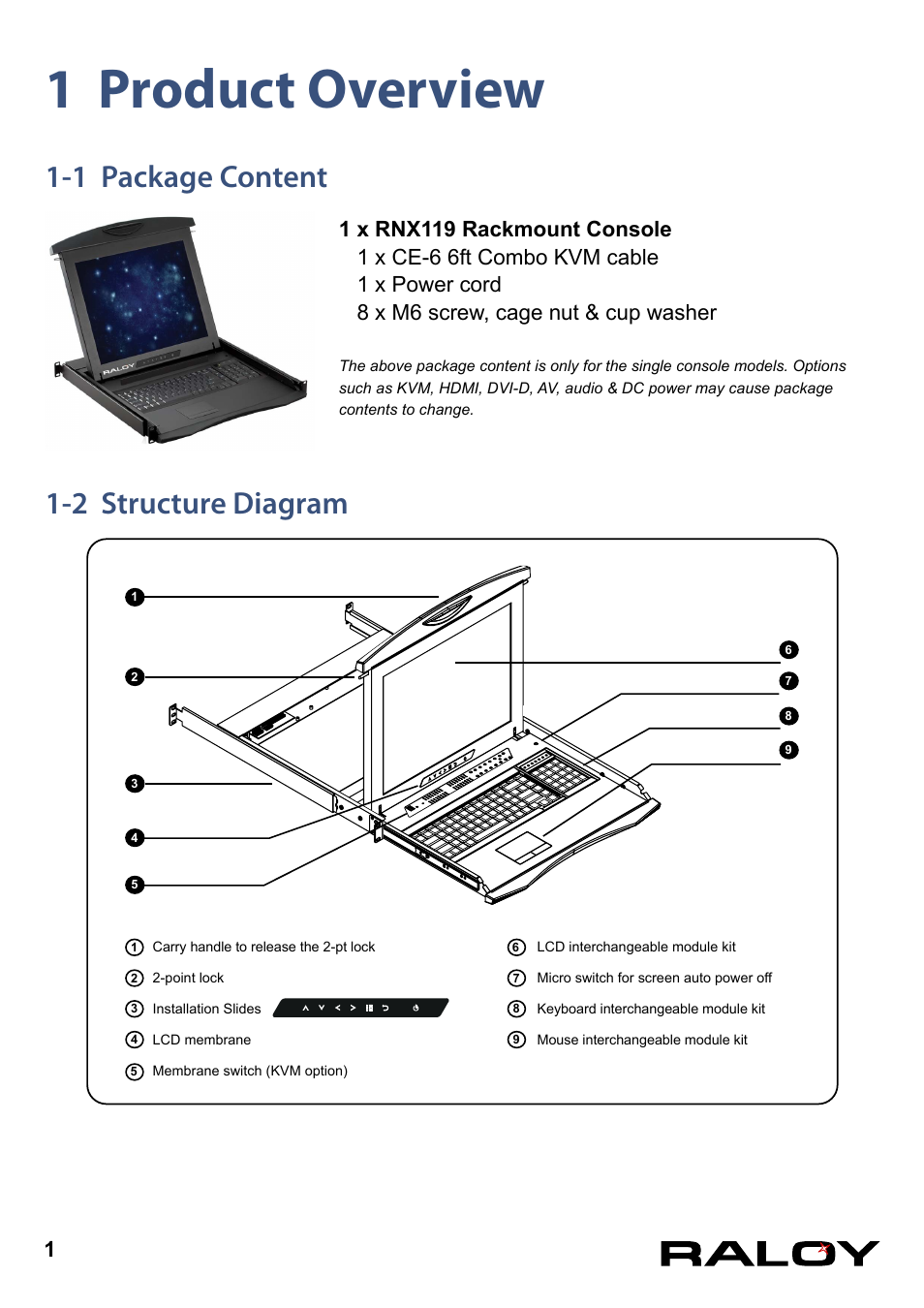 1 product overview, 1 package content, 2 structure diagram | 1 package content 1-2 structure diagram | Raloy RNX119 User Manual | Page 4 / 17