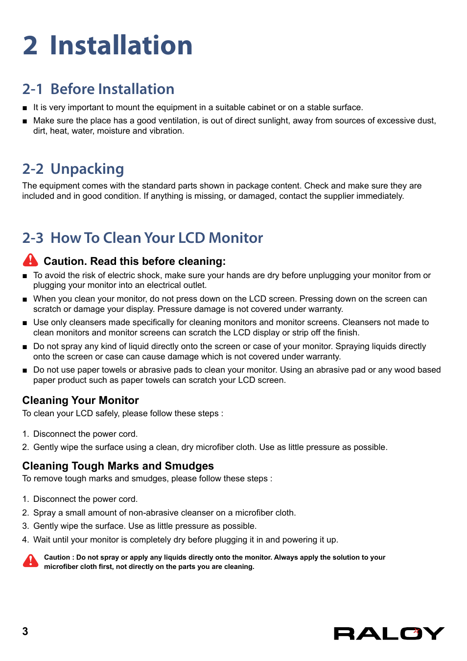 2 installation, 1 before installation, 2 unpacking | 3 how to clean your lcd monitor | Raloy RNX119 User Manual | Page 6 / 17