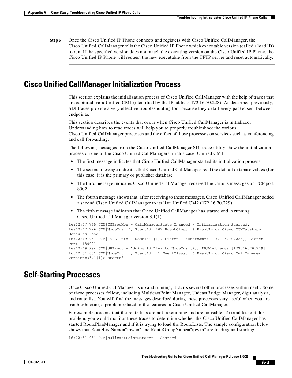 Cisco unified callmanager initialization process, Self-starting processes | Cisco OL-9420-01 User Manual | Page 3 / 12