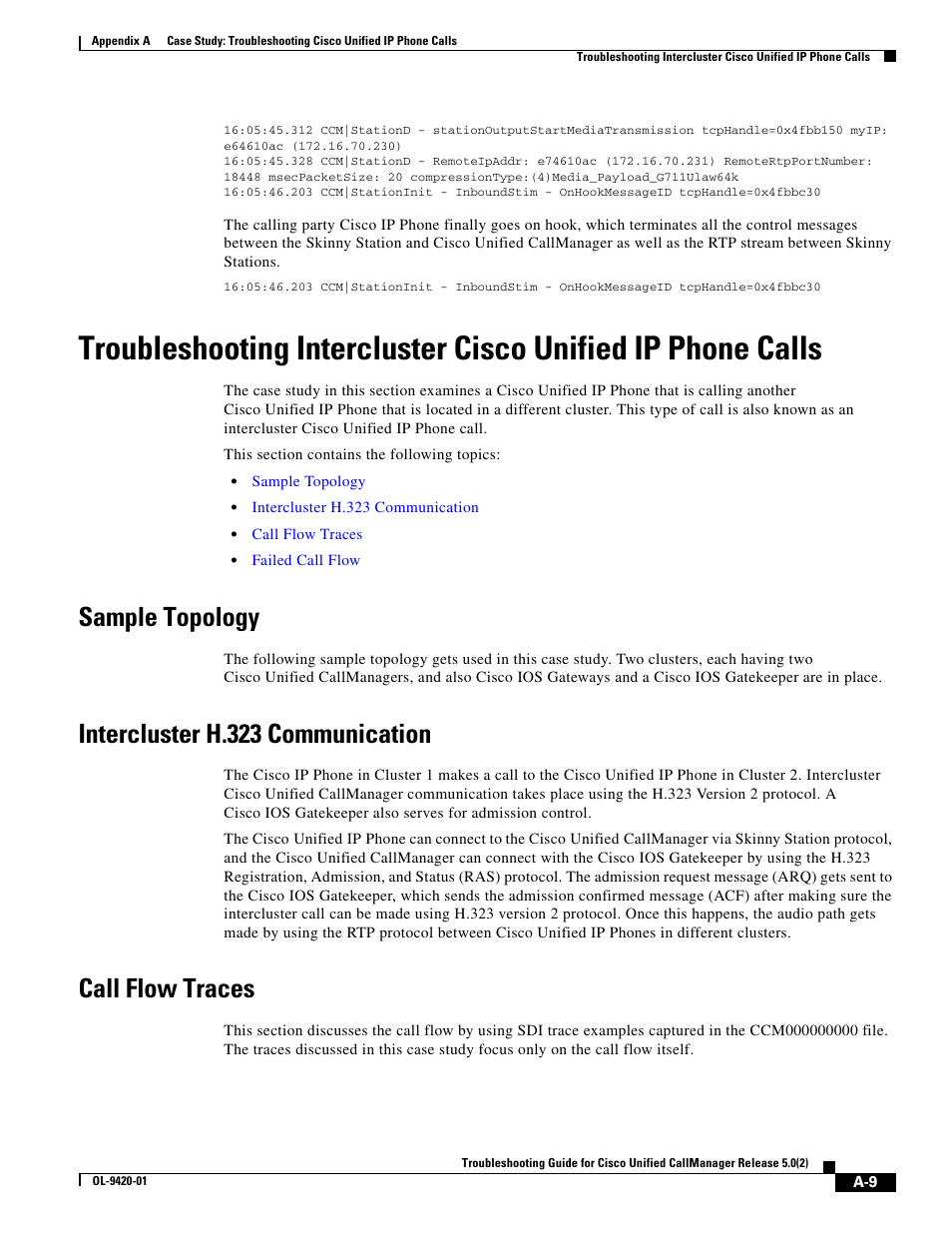 Sample topology, Intercluster h.323 communication, Call flow traces | Cisco OL-9420-01 User Manual | Page 9 / 12