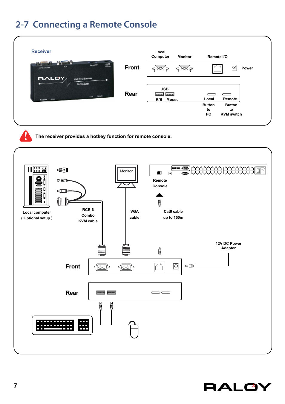 7 connecting a remote console, Front rear front rear | Raloy CATx KVM User Manual | Page 10 / 18
