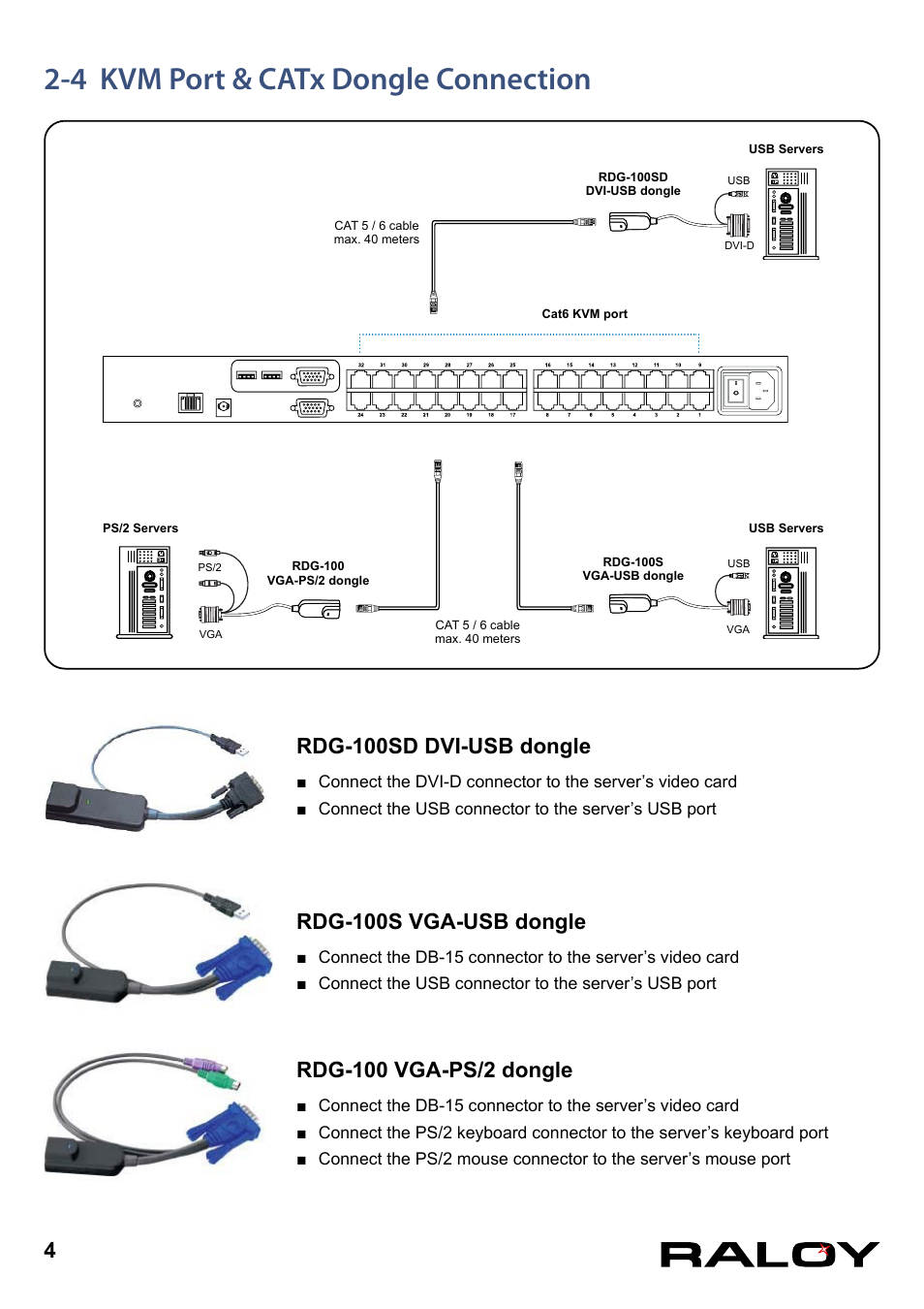 4 kvm port & catx dongle connection, Rdg-100s vga-usb dongle, Rdg-100sd dvi-usb dongle | Raloy CATx KVM User Manual | Page 7 / 18