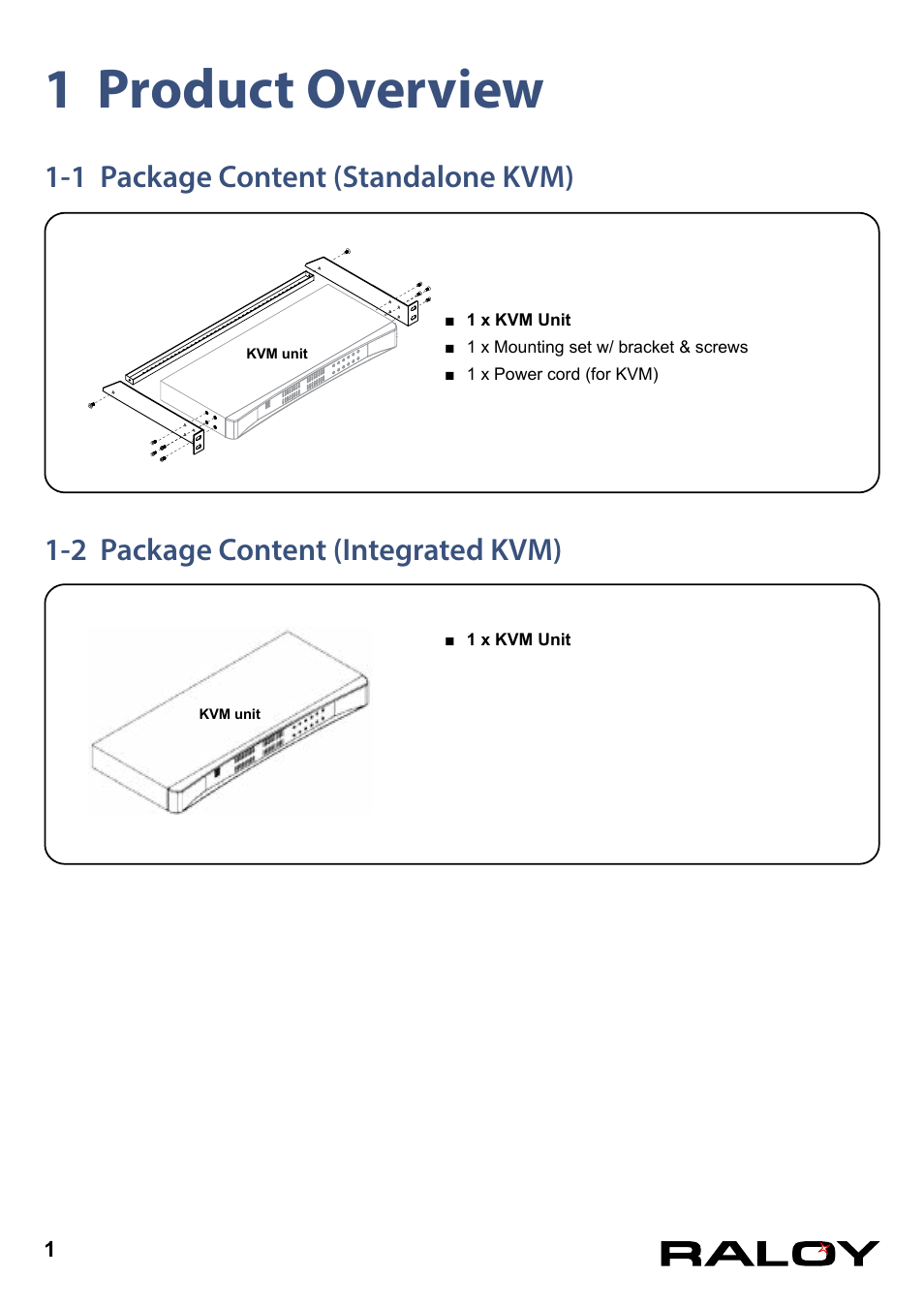 1 product overview, 1 package content (standalone kvm), 2 package content (integrated kvm) | Raloy DVI-D KVM User Manual | Page 4 / 12