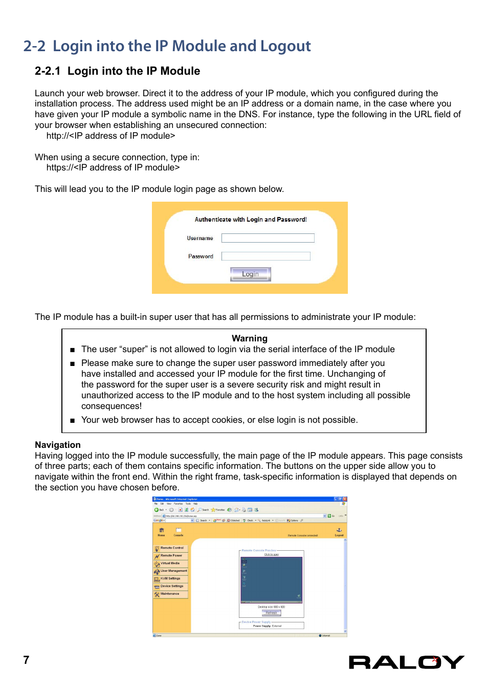 2 login into the ip module and logout, 2.1 login into the ip module | Raloy IP Functions for KVM User Manual | Page 10 / 44