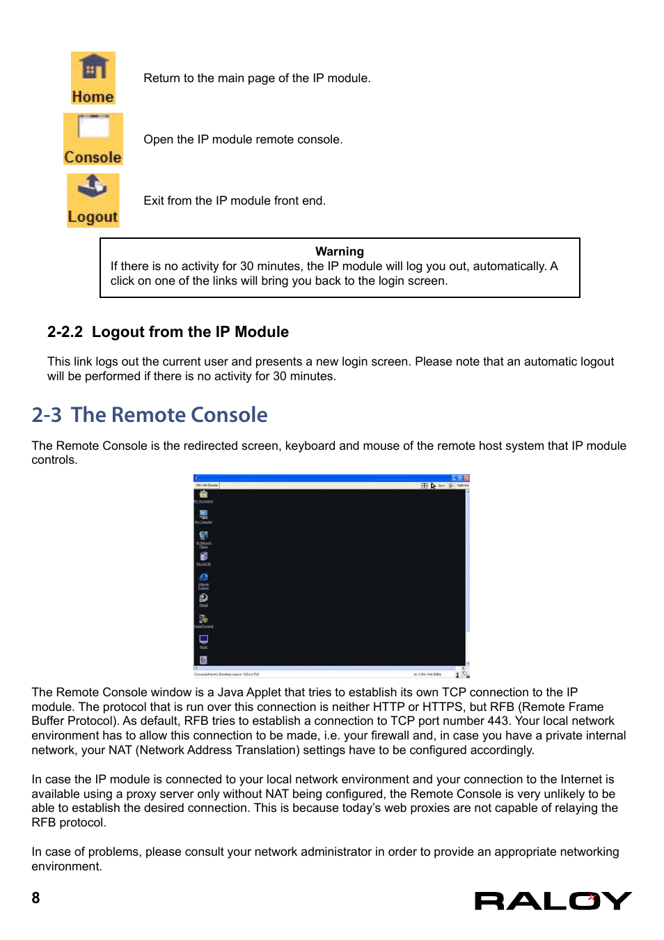 2.2 logout from the ip module, 3 the remote console | Raloy IP Functions for KVM User Manual | Page 11 / 44