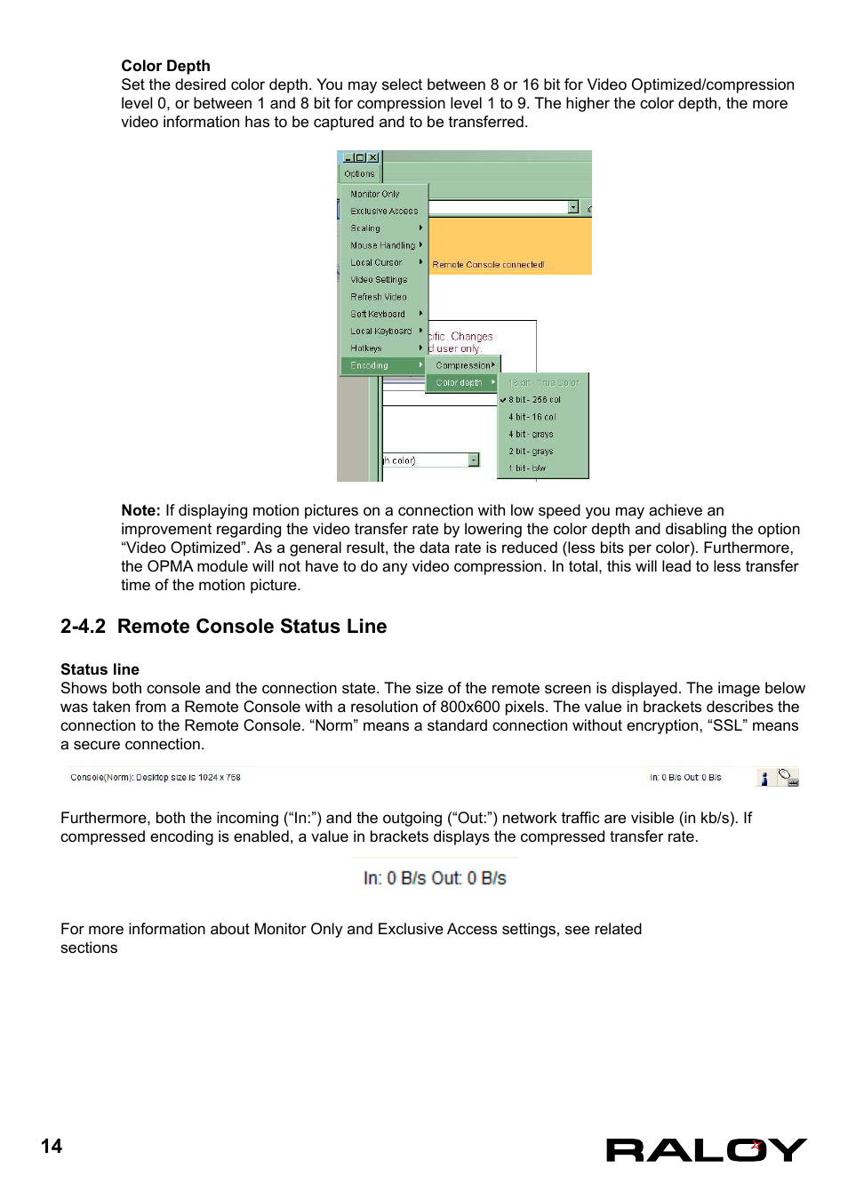 4.2 remote console status line | Raloy IP Functions for KVM User Manual | Page 17 / 44